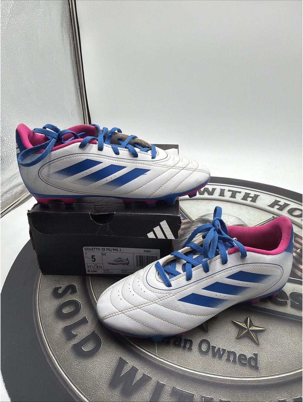 Adidas Goletto IX FG/MG J Youth Soccer Cleats White/Blue/Pink IG4835 Size 5
